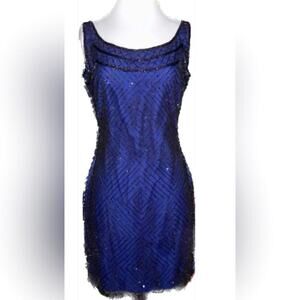  Laurence Kazar Blue Black Beaded Sequin Mesh Scoop Back Woman’s Dress PM